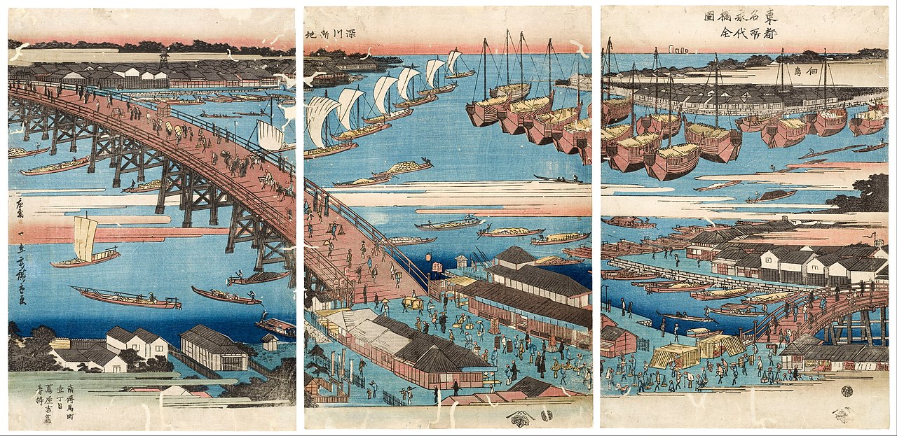 Sudden Shower over Shin-Ōhashi Bridge and Atake by Utagawa Hiroshige (1857)