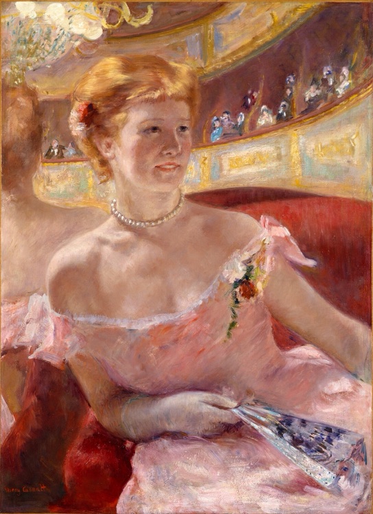 Mujer con collar de perlas en un palco by Mary Cassatt (1879)